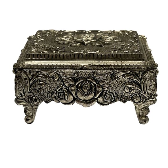 Vintage Silver Plated Blue Velvet Trinket Footed Music Box Roses Made In Japan - Picture 1 of 16